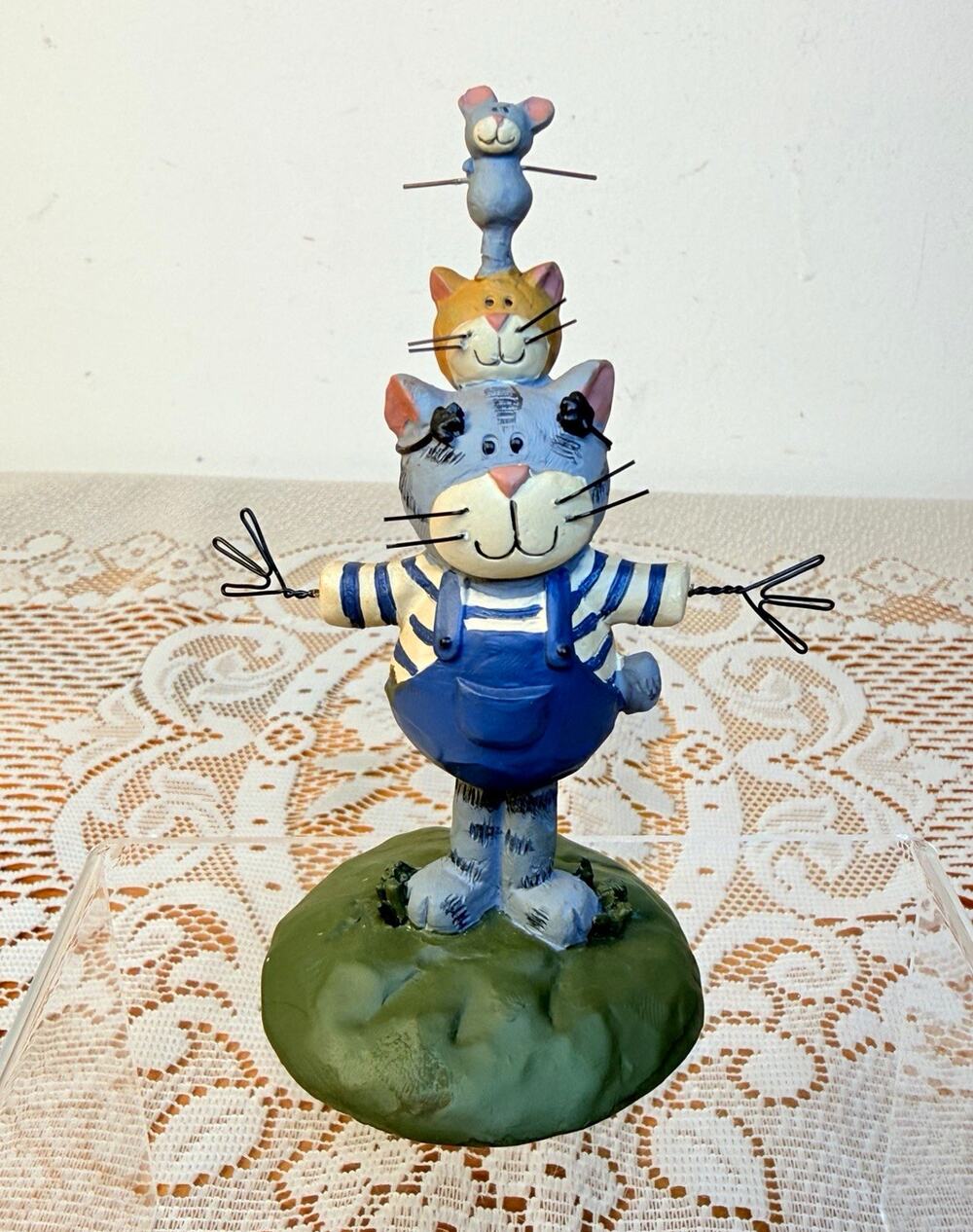 Blossom Bucket Pat Olson Dad Stacked Resin Cat Figurine w/ Mouse on Top